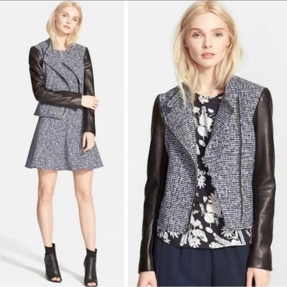 Theory Tweed Moto Jacket with Black Leather Sleeves